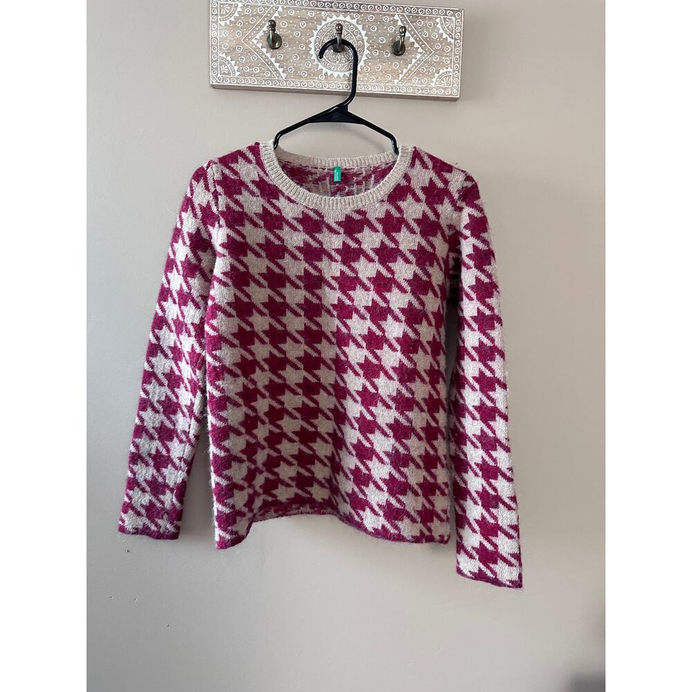 United Colors of Benetton Red White Houndstooth Wool Alpaca Crewneck Sweater